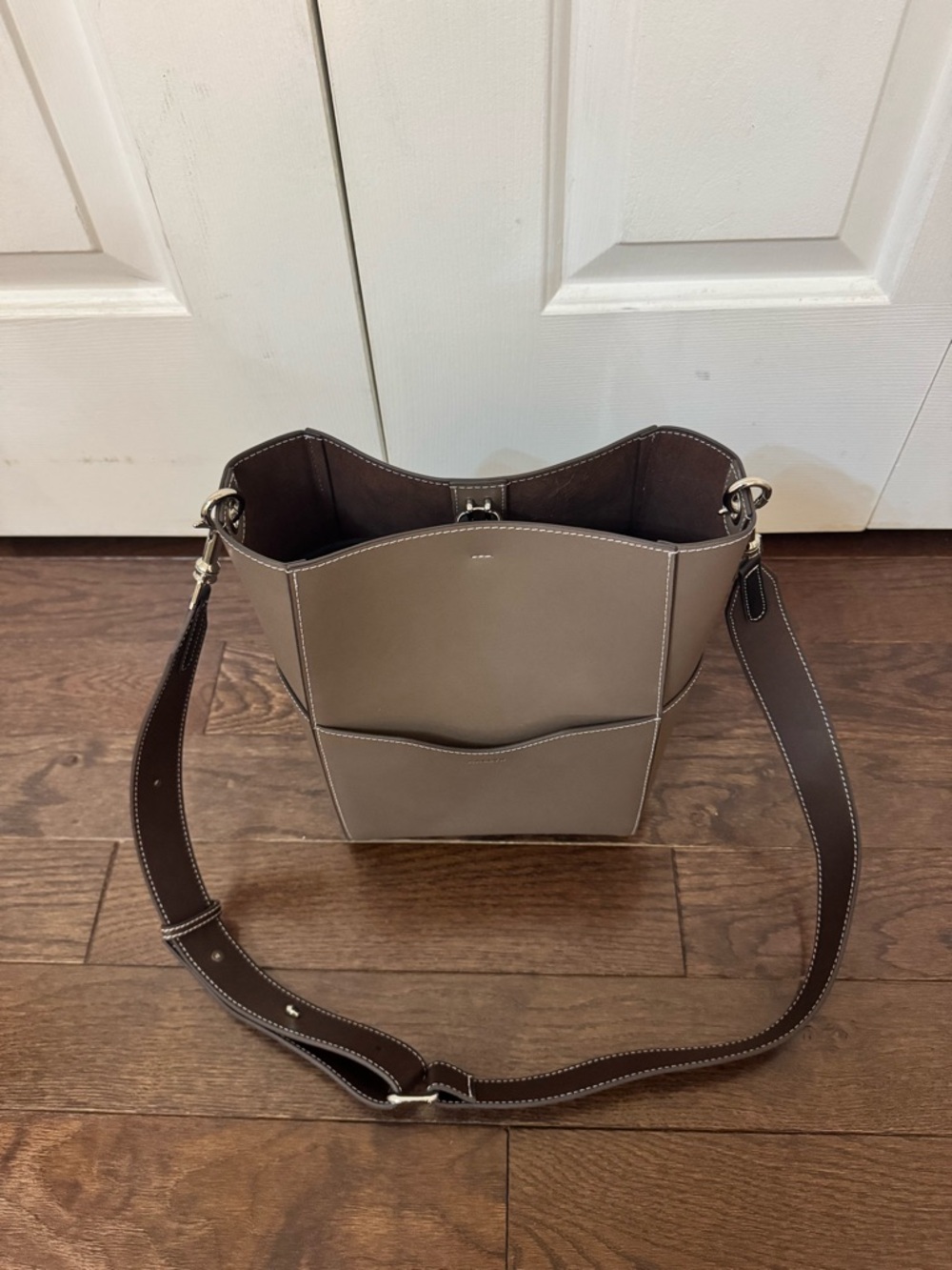 Taupe Leather Shoulder Bucket Bag with Black Removable Insert - Picture 2 of 4